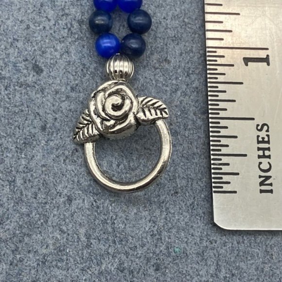 Toggle Bracelet 8 In Silver Flower Shades of Dark Blue Round Bead Retro Cottage - Picture 6 of 7